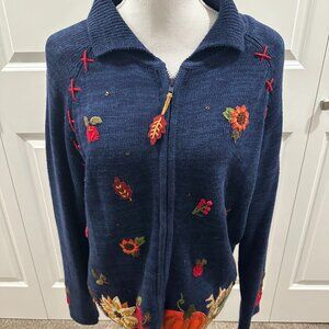 Tiara International Autum Fall leaves zip embroidered cardigan sweater medium
